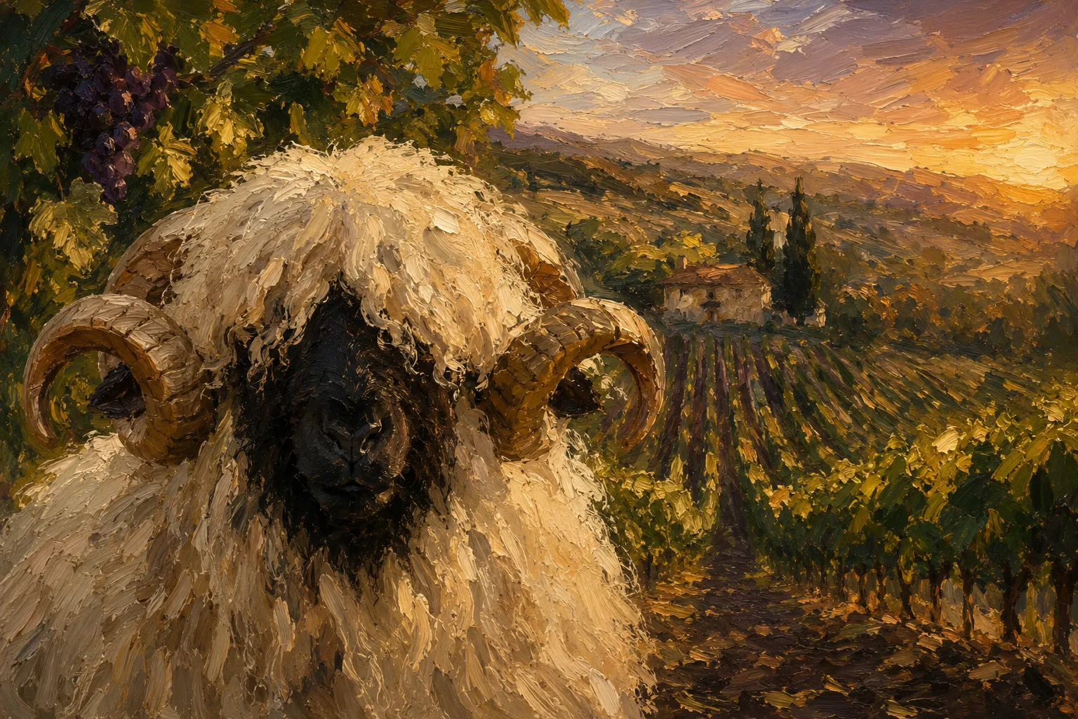 An impressionist painting of a Valais Blacknose ram before a Paso Robles vineyard at sunset