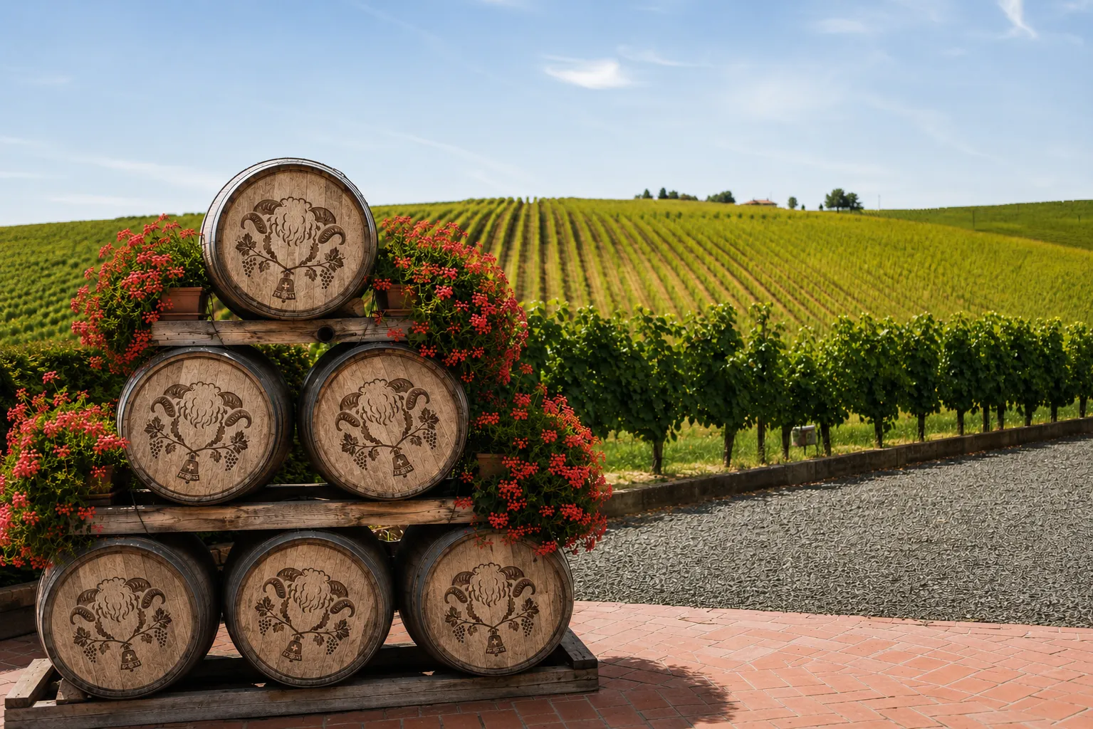 Wine barrels engraved with the Valais in the Vines mark, beside rolling vineyard rows in Paso Robles wine country